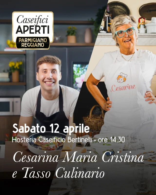 CASEIFICI APERTI, speciale 12 aprile - ore 14.30
SHOWCOOKING con Maria Cristina Ugolotti (Le Cesarine) e Tasso Culinario: la pasta fresca e i tortelli d’erbette

Prenota la tua esperienza in caseificio / Book your experience at the dairy
👉 https://www.bertinelli.it/hospitality-booking/

Acquista online il nostro Parmigiano Reggiano e ricevilo a casa con DHL (solo Italia)
🛒 https://parmigianobertinelli.shop/

#Caseificio3030 #bertinelliexperience #ParmigianoReggiano #Parma #Italy